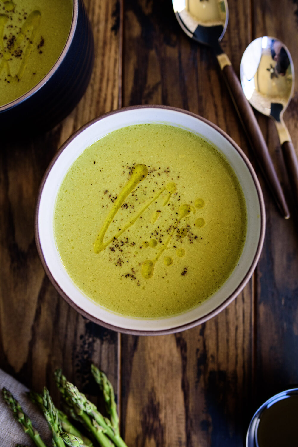 overhead shot of cream of asparagus soup