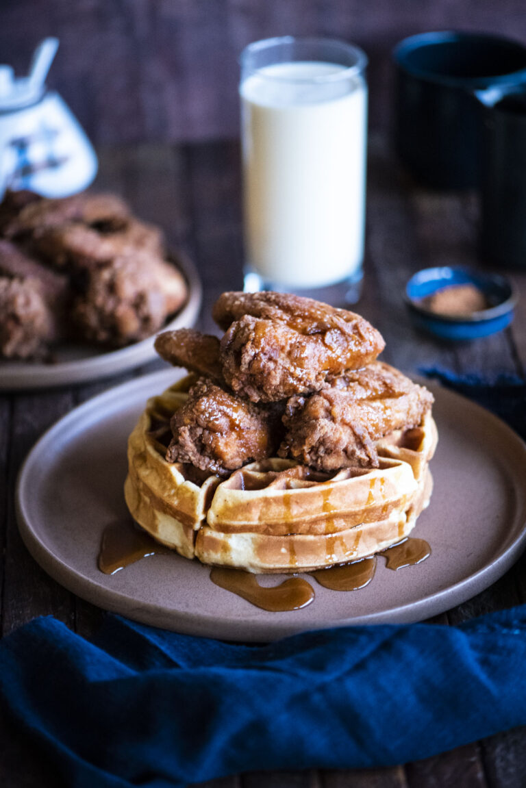 eggnog chicken and waffles with syrup