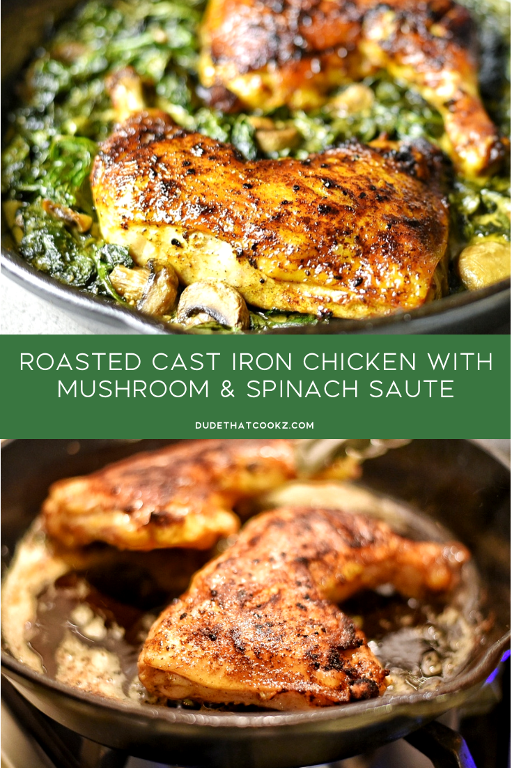 When you're looking for a healthy low-carb meal with flavor this cast iron chicken can take you there. Combining the texture and moisture from the chicken quarters along with the great flavors from the spinach will have you feeling a lot less guilty for eating something that taste this great. #chicken #lowcarb #healthyrecipes #castiron #keto #ketorecipes #roastedchicken #bakedchicken #chicken #lowcarb #onepanmeals #easydinner #dinnerrecipes #30minutedinners #castironchicken