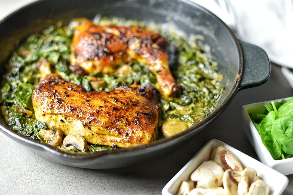 Roasted Cast Iron Chicken with Mushroom and Spinach Saute