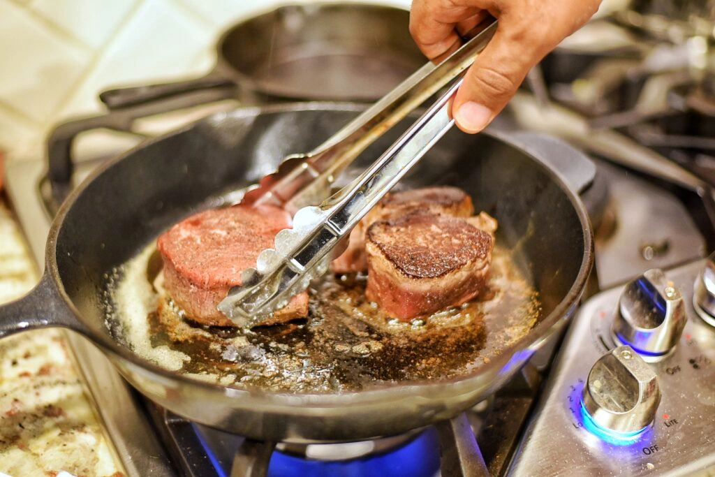 Searing Filet Mignon in cast iron skillet