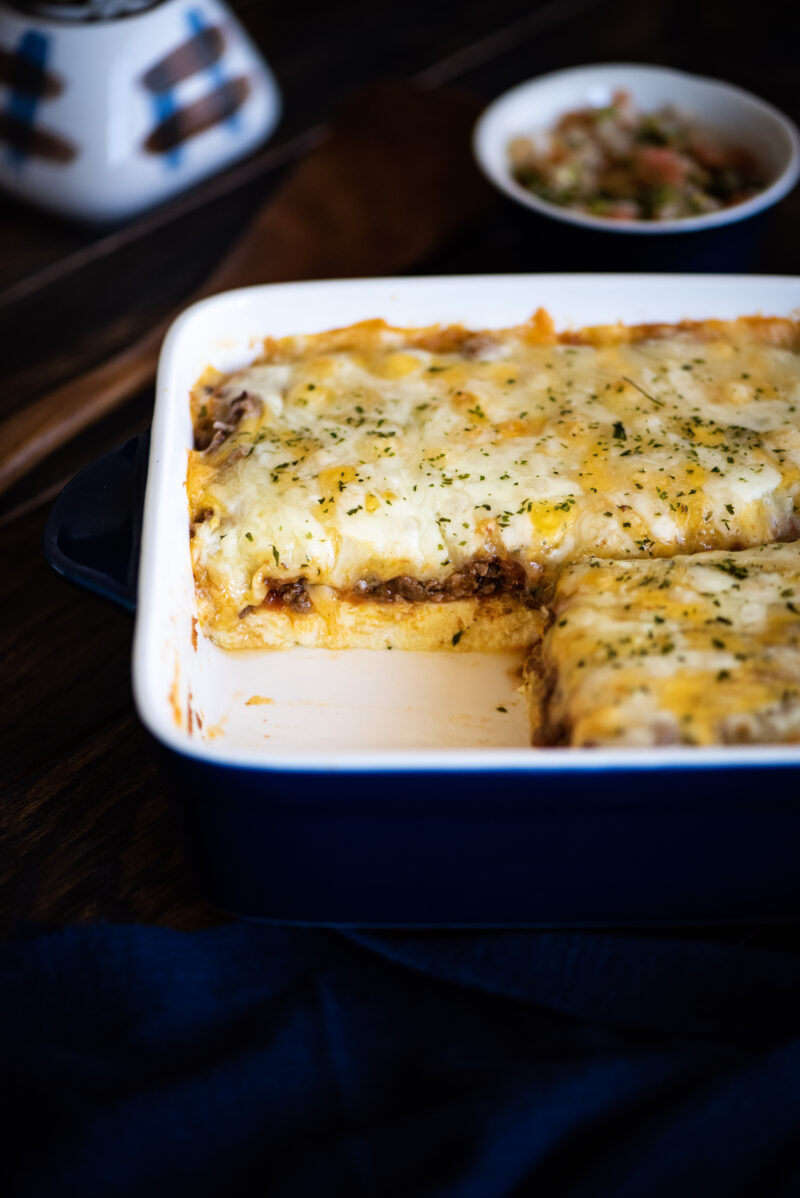 Overhead picture of casserole with a piece cut out