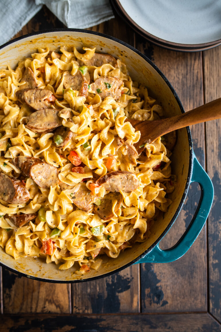 overhead shot of cajun alfredo in cast iron skillet