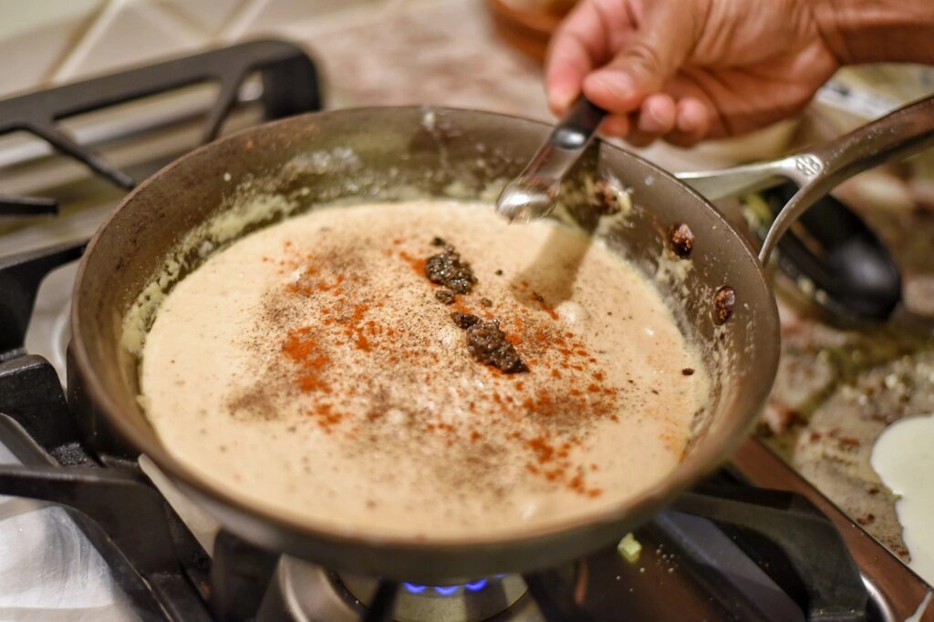 Making the white sauce for the pizza
