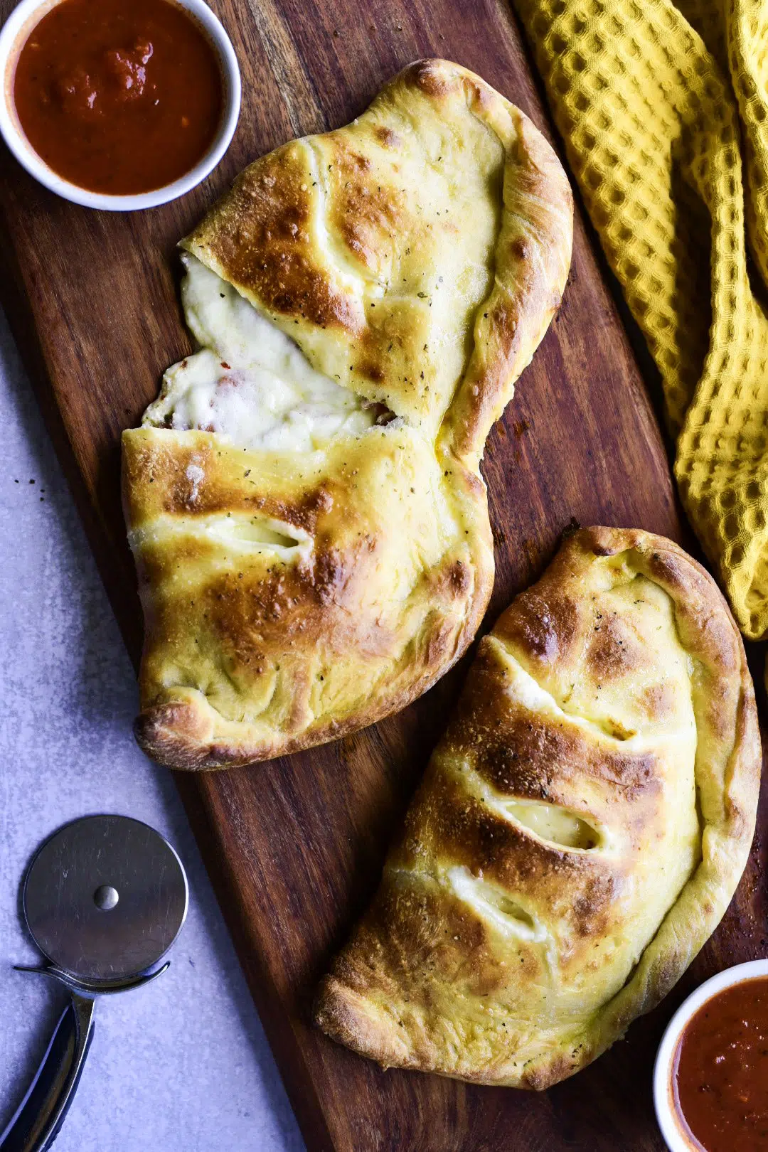 Overhead shot of Turkey Pepperoni Calzone cut open