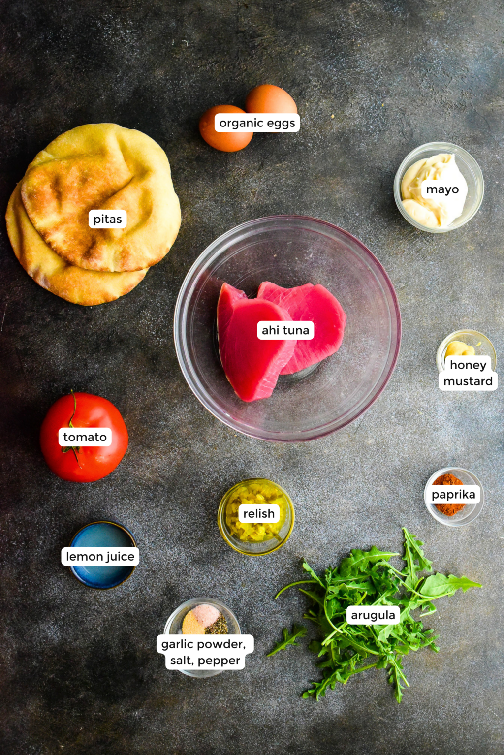 overhead shot of tuna salad pita ingredients