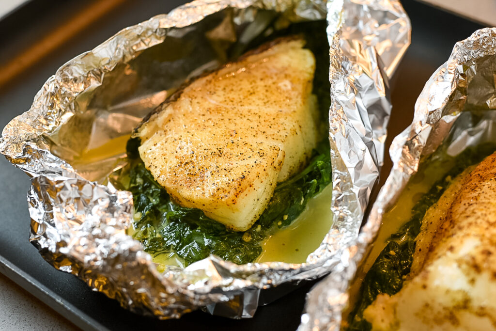 Foil Baked Chilean Sea Bass with Lemon Parmesan Cream Sauce