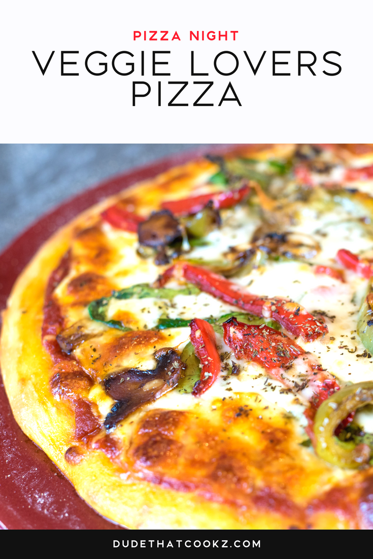 This Veggie Lovers Pizza is really easy to make. I didn't want to over due it with a lot of different vegetables, so I kept it simple with red and green peppers, spinach and mushrooms. Feel free to add as much or as little as you like! #pizza #veggiepizza #vegetables #pizzanight #vegetarianpizza #vegetarian #nomeatpizza