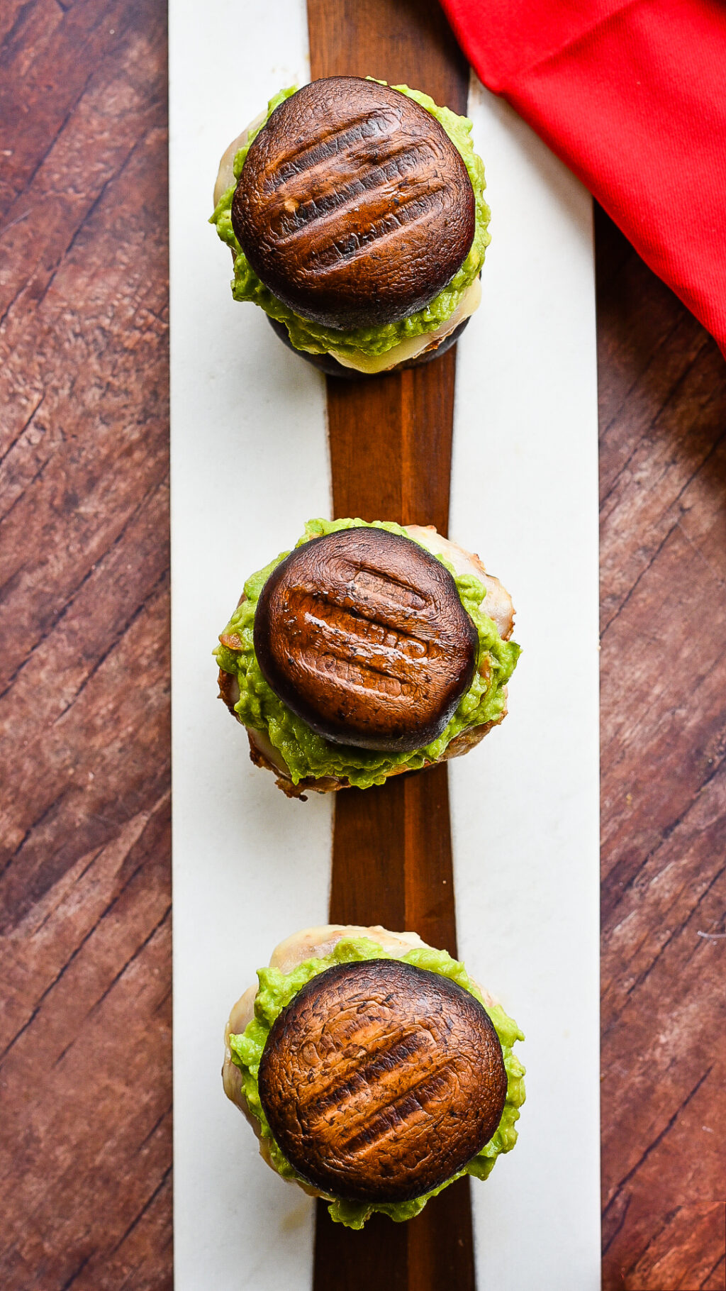 overhead shot of three Turkey Burgers on Portobello Buns