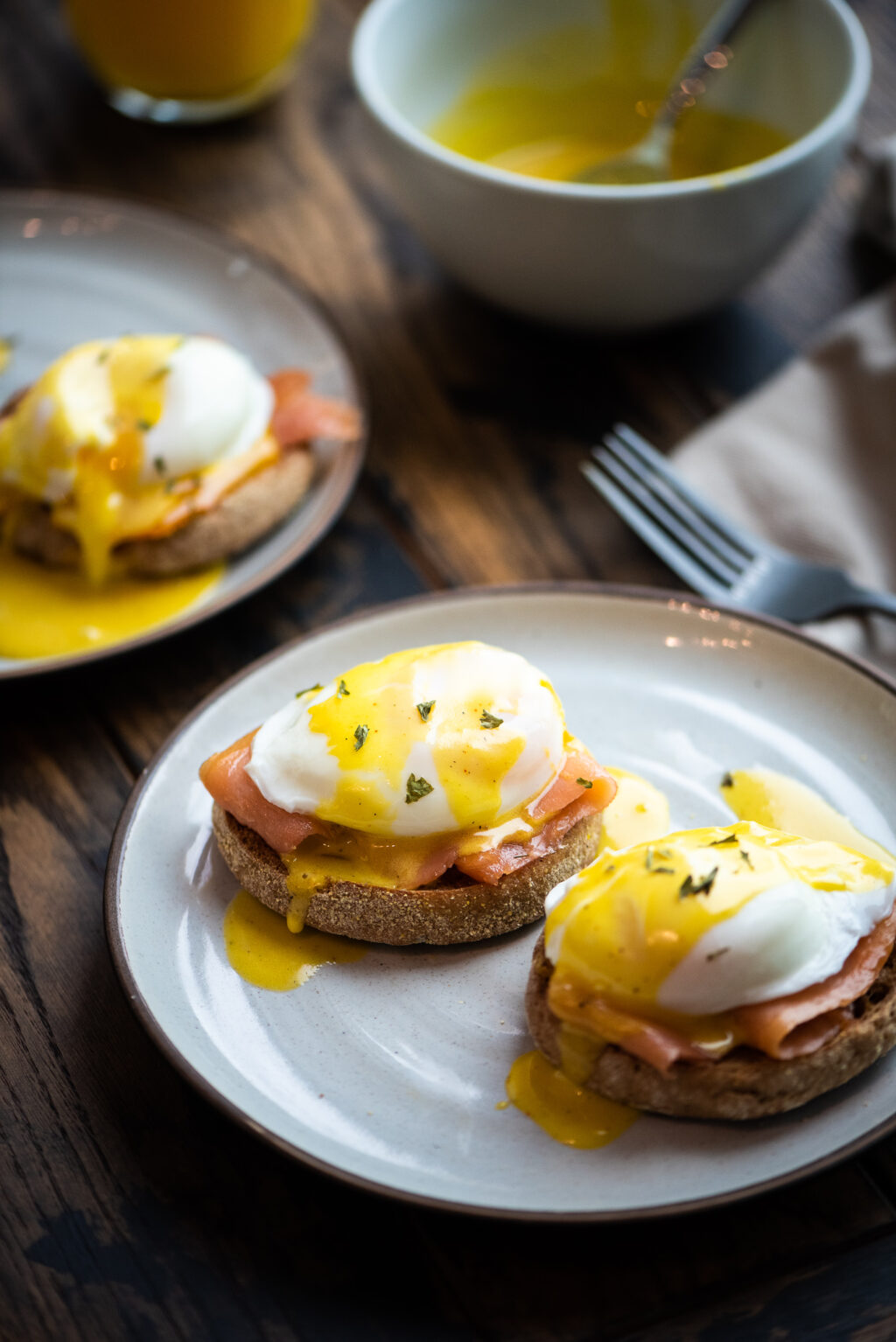 two smoked salmon egg benedicts with hollandaise sauce