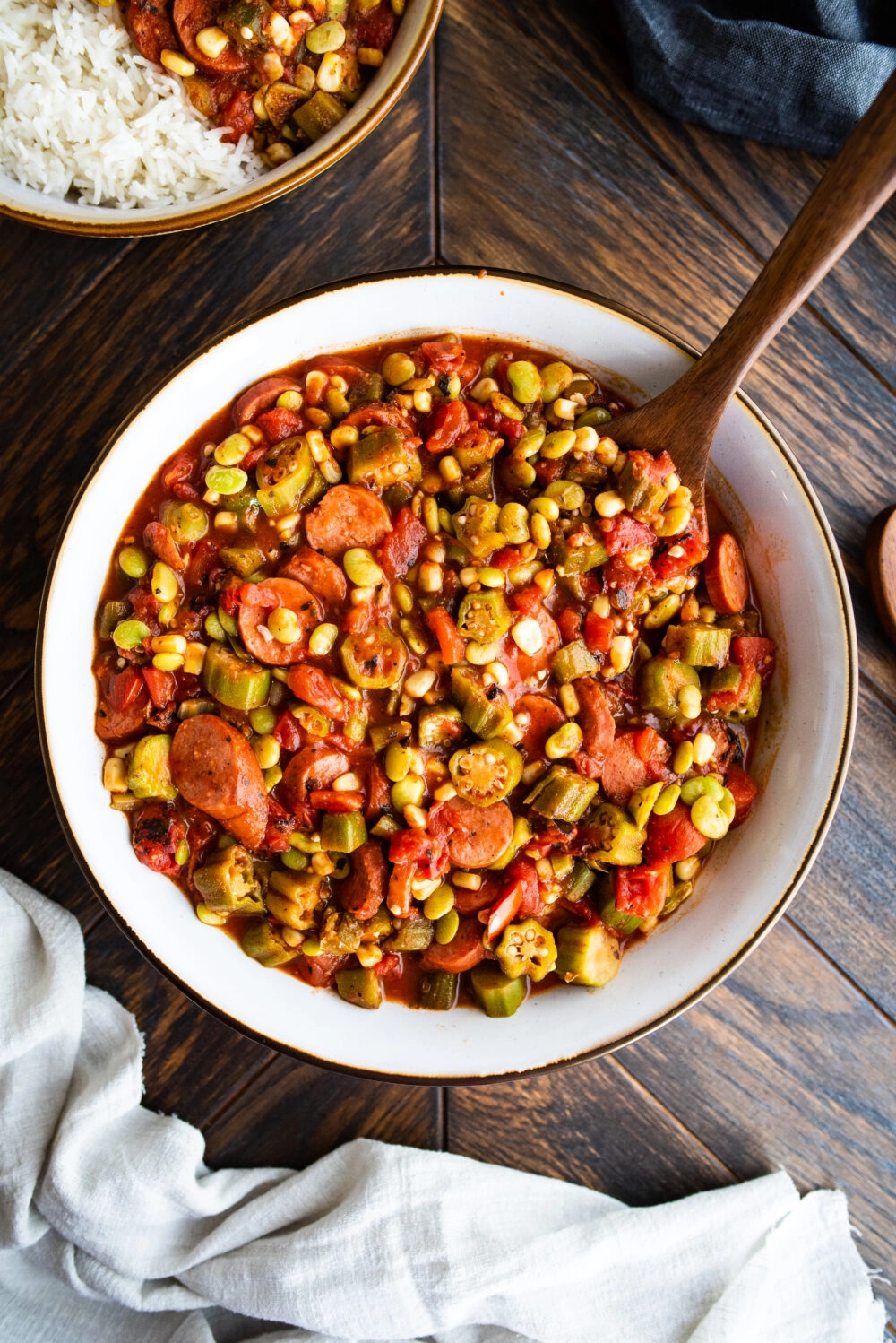 overhead shot of large bowl of stewed okra and tomatoes