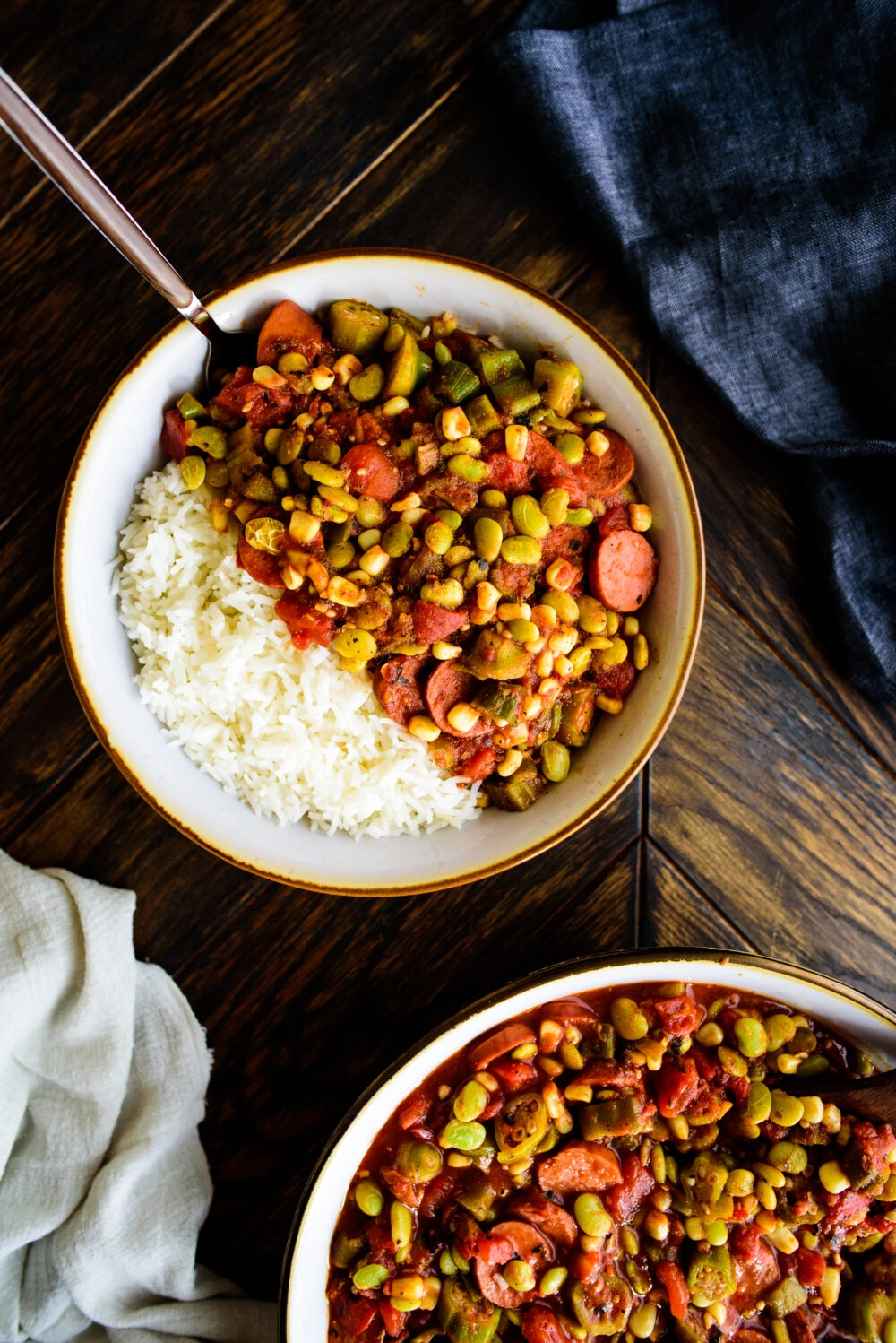 single serving of stewed okra and tomatoes with rice