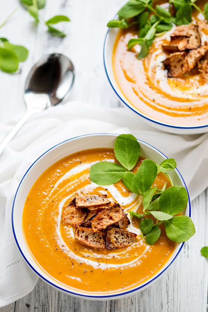 Baked Sweet Potato & Carrot Soup with Cheddar Potato Skin Croutons by Kitchen Sanctuary