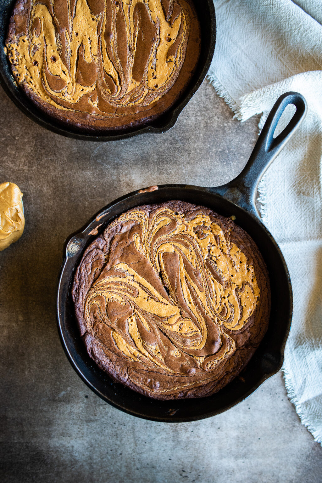 overhead shot of two peanut butter skillet brownies