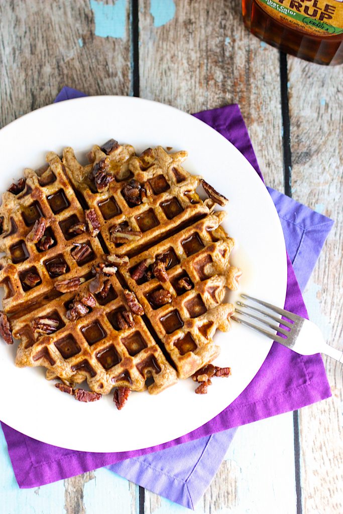 Sweet Potato Waffles with Candied Pecans by A Nerd Cooks