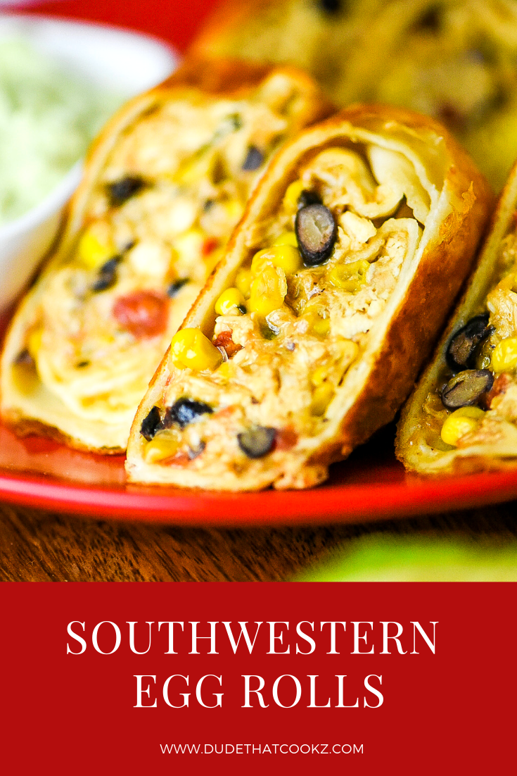 My Southwestern Egg Rolls, made with rotisserie chicken, are the perfect appetizer and will be a surefire hit for your next game night or gathering. #eggrolls #appetizers #appetizerrecipes #barbites #snacks #southwesterneggrolls #quicksnacks #apps #easyrecipes #chicken #rotisseriechicken