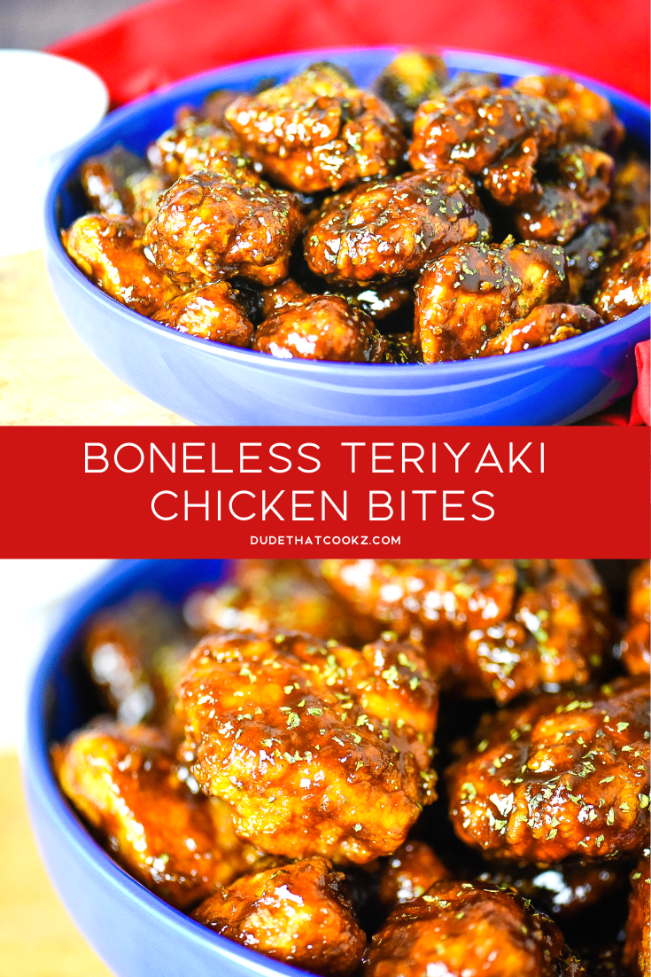 These Boneless Teriyaki Chicken Bites are made with tender chicken meat and a the perfect balance of Asian-influenced flavors. #chickenbites #bonelesswings #teriyaki #gamedaysnacks #gamedayappetizers #chicken #sweetandsour