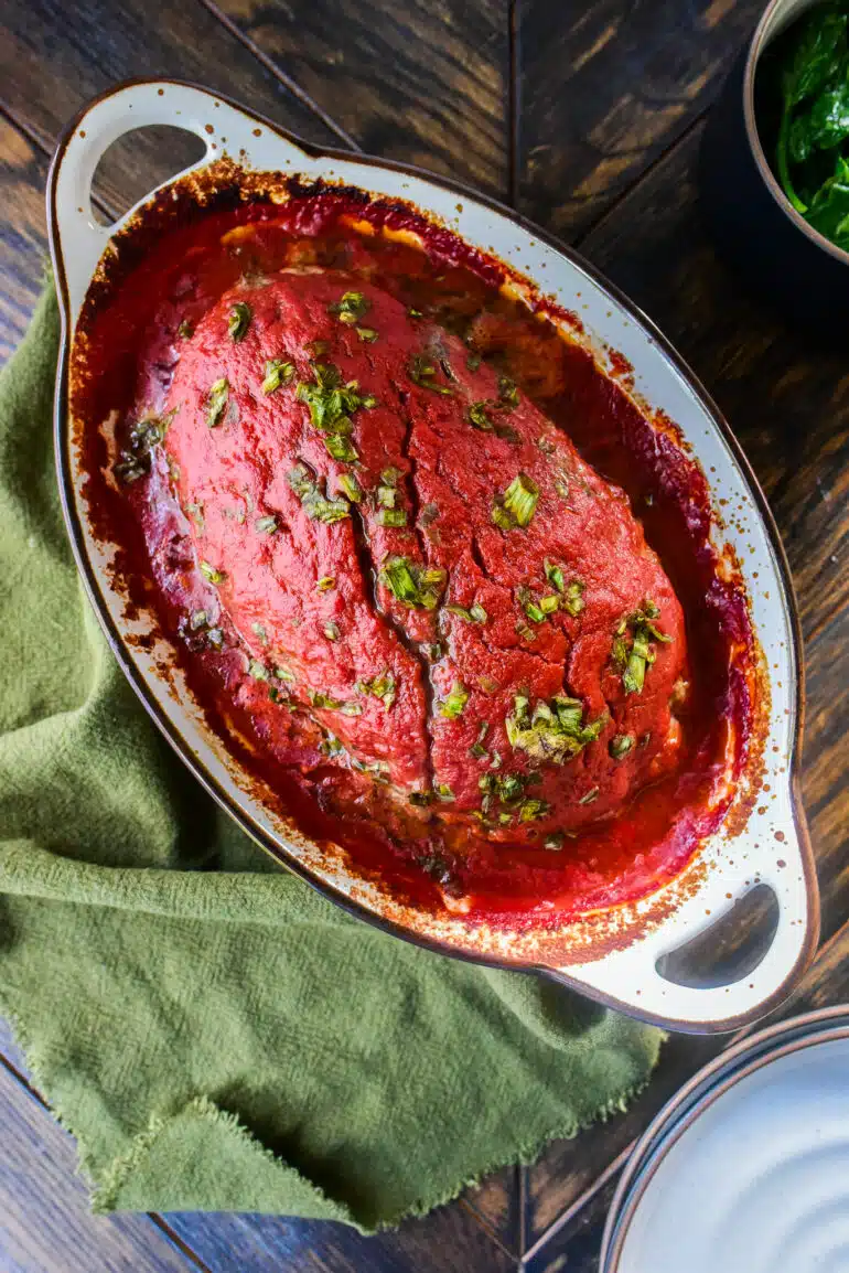 whole unsliced meatloaf in casserole dish