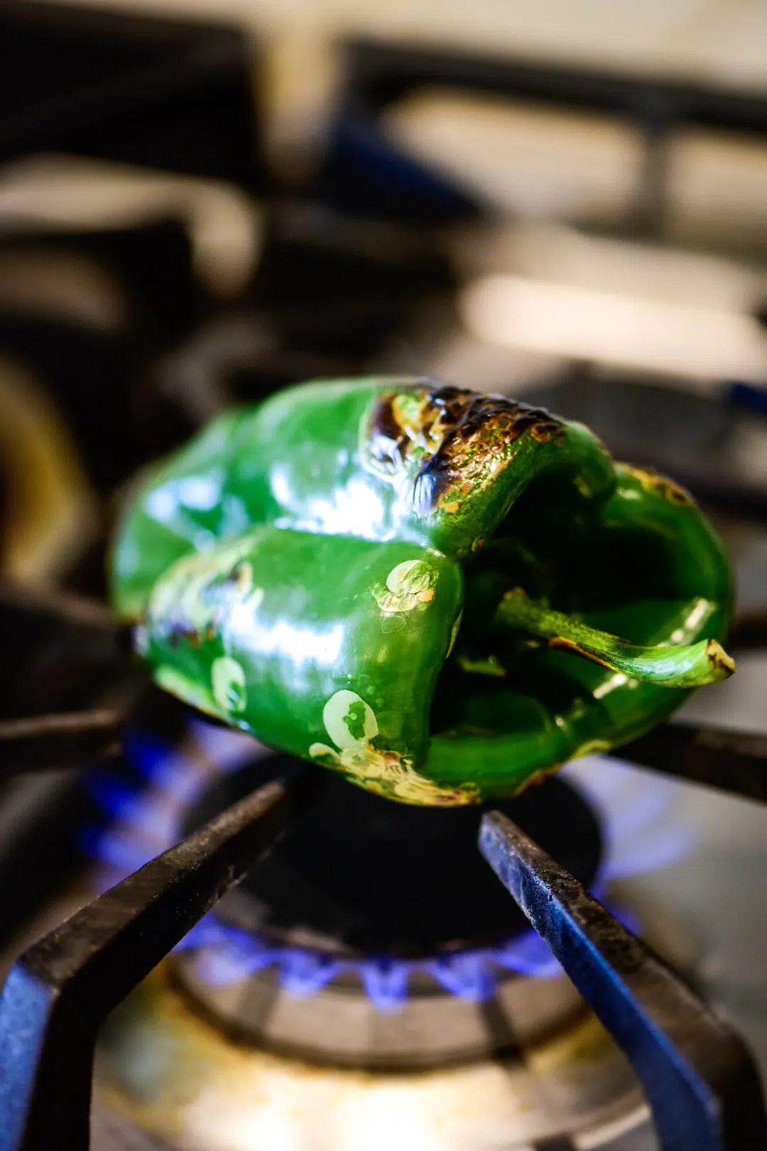 Open fire roasting a poblano pepper