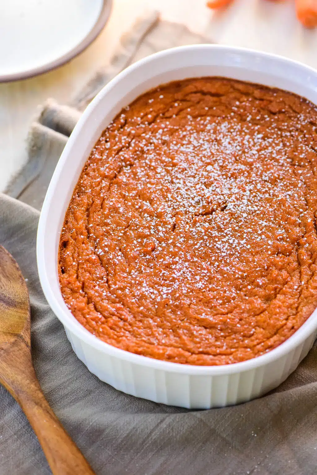 carrot souffle sprinkled with powdered sugar