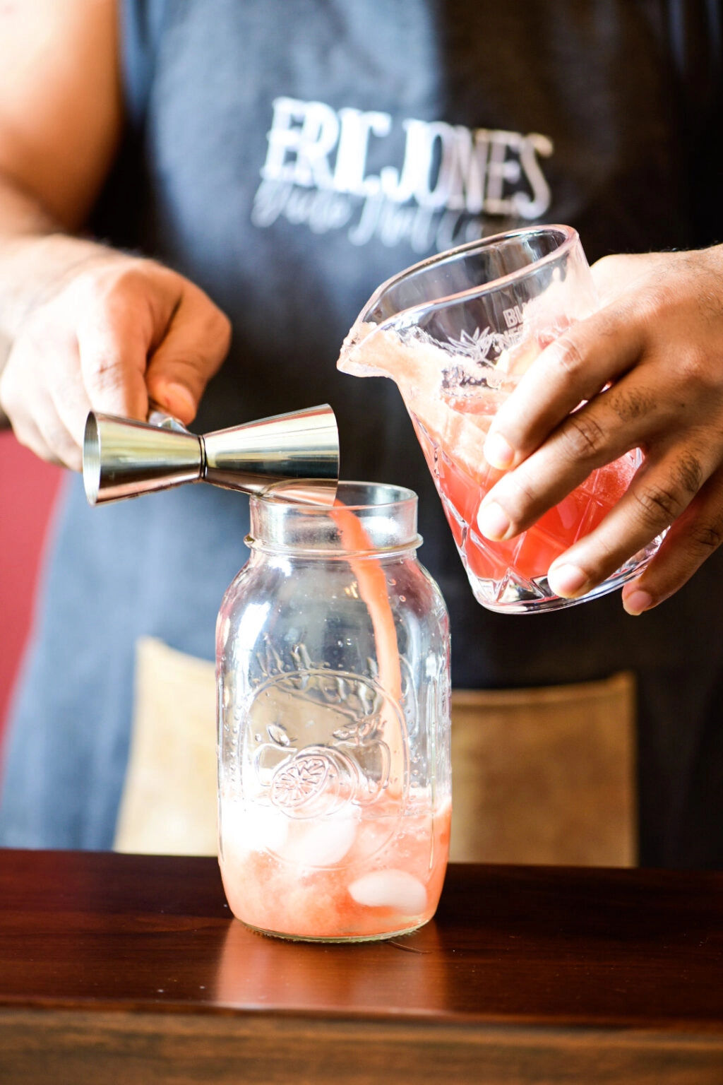 Adding watermelon puree to Watermelon Moscow Mule Cocktail