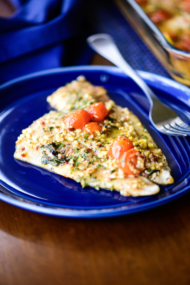 single filet of baked flounder