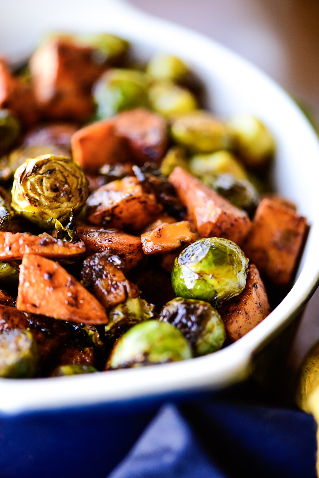 close up of roasted sweet potatoes and Brussels sprouts