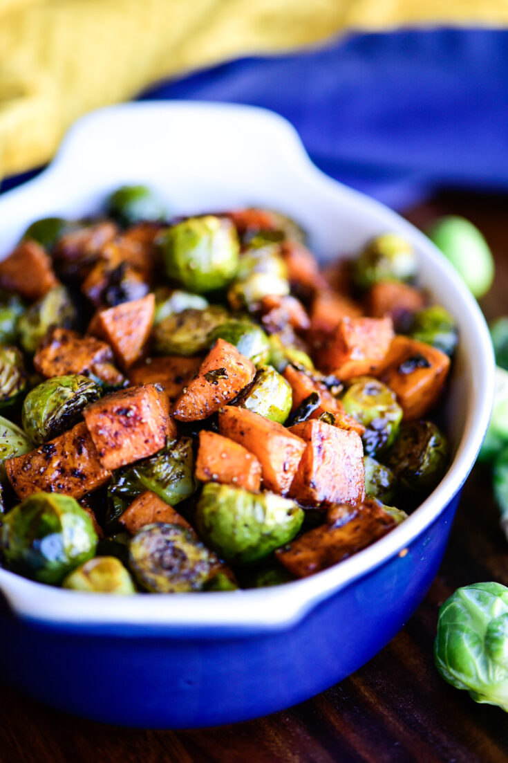 close up of roasted sweet potatoes and Brussels sprouts