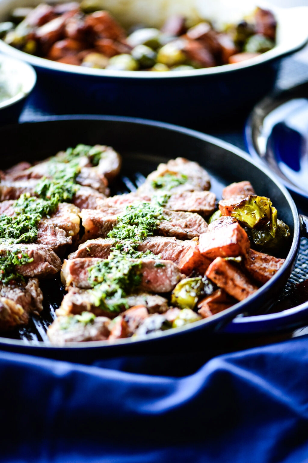 sliced new york strip loin with chimichurri sauce