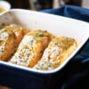 Close up of Honey-mustard glazed salmon is baking dish