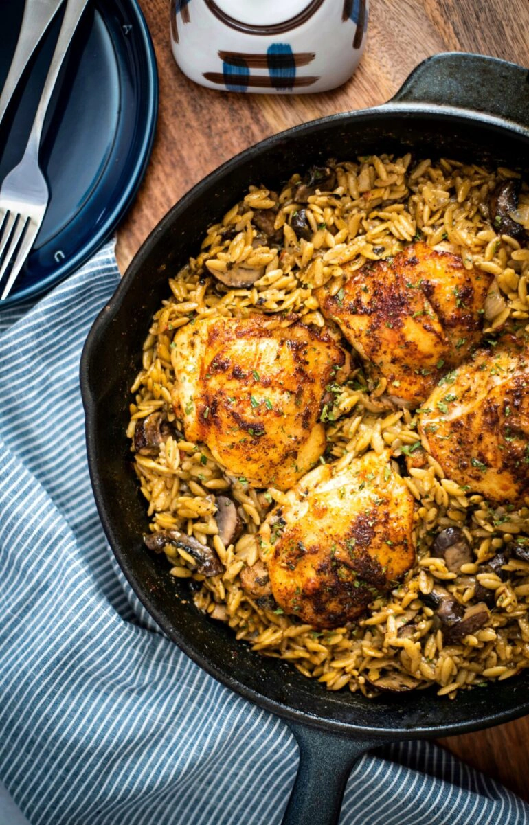 Chicken thighs with creamy mushroom orzo