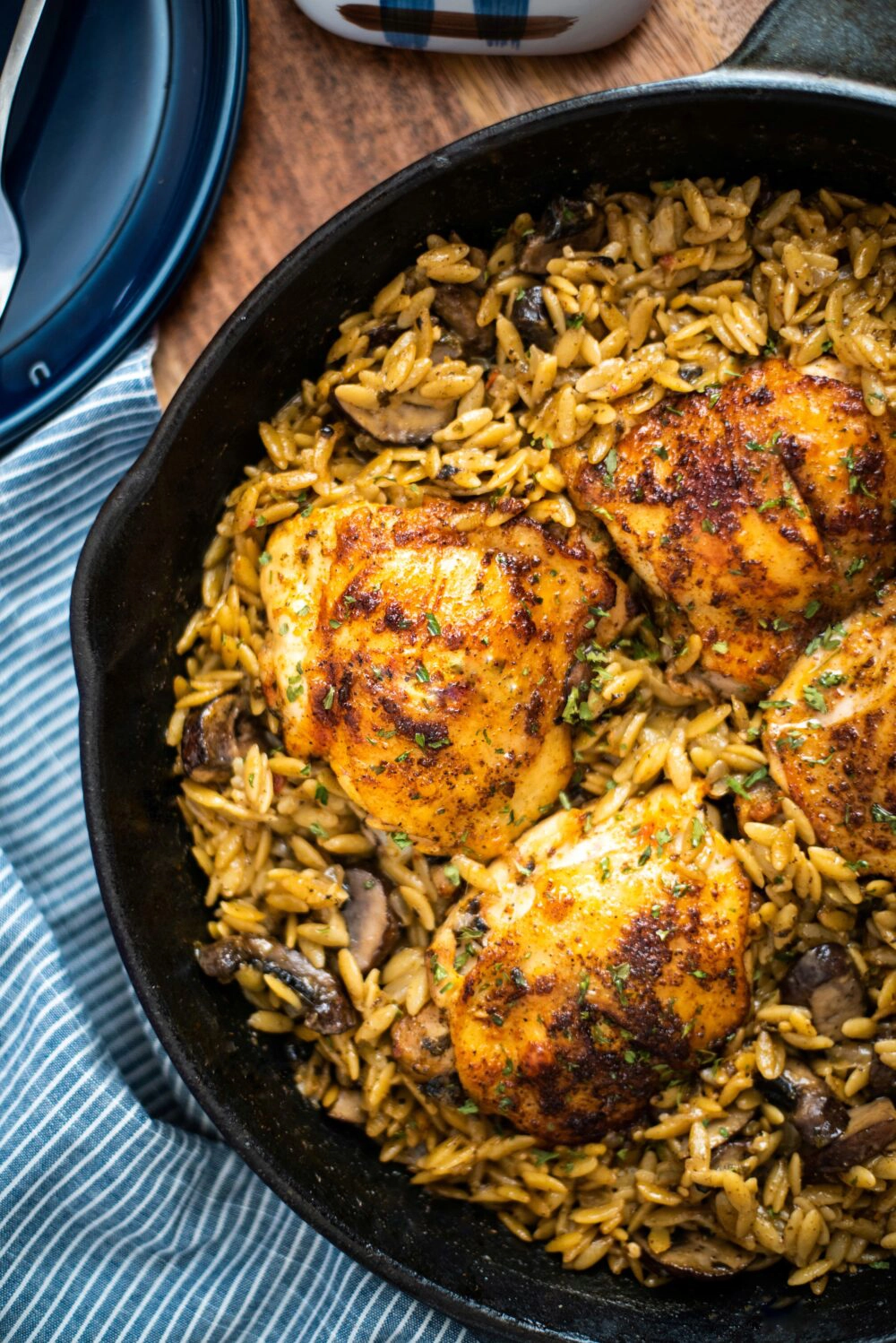 Detailed shot of chicken and orzo dish