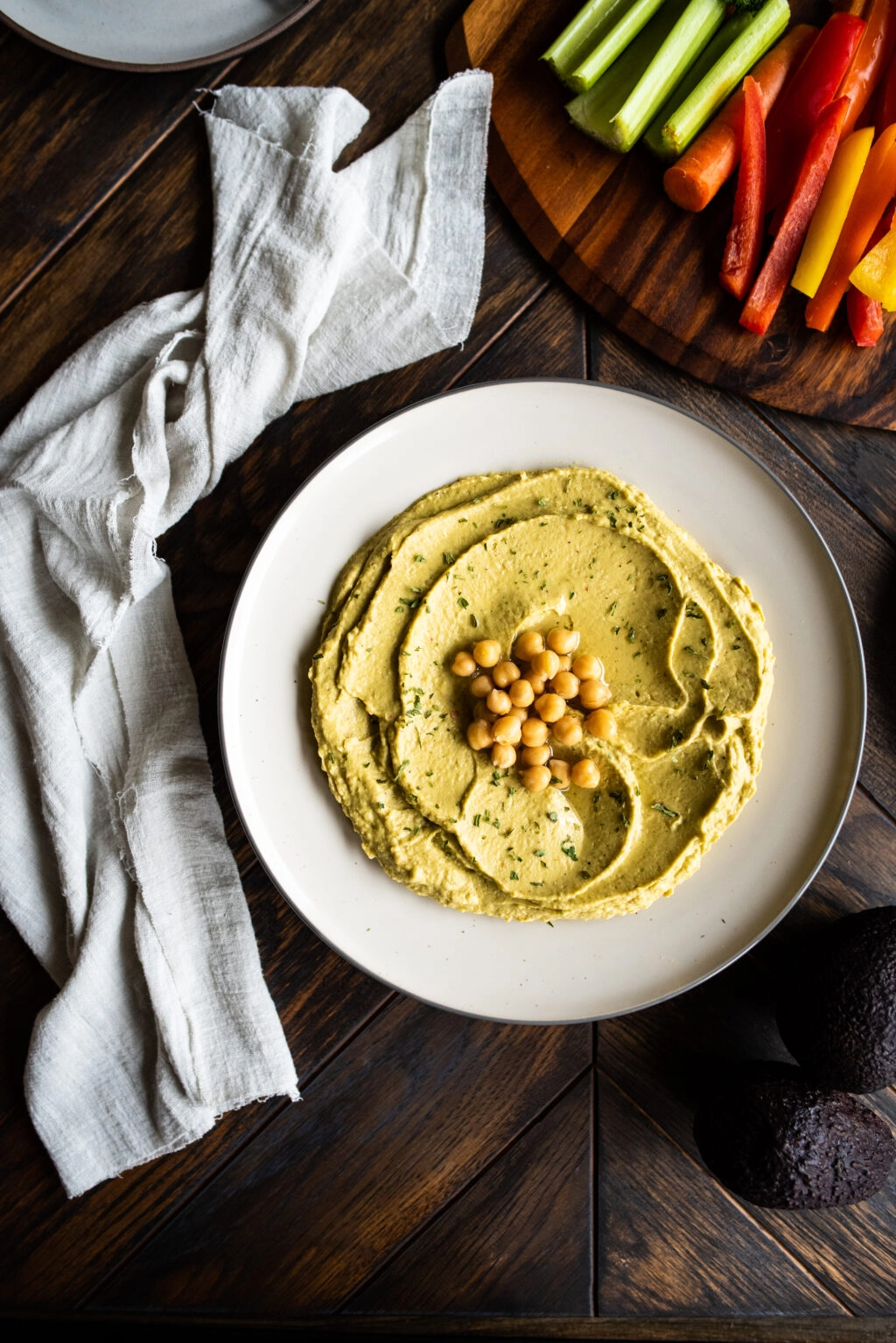 Overhead shot of hummus made with avocados