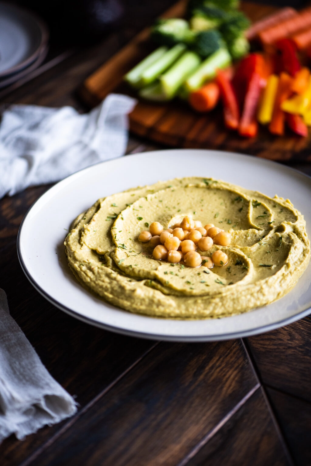 Avocado hummus with fresh vegetables for snacking