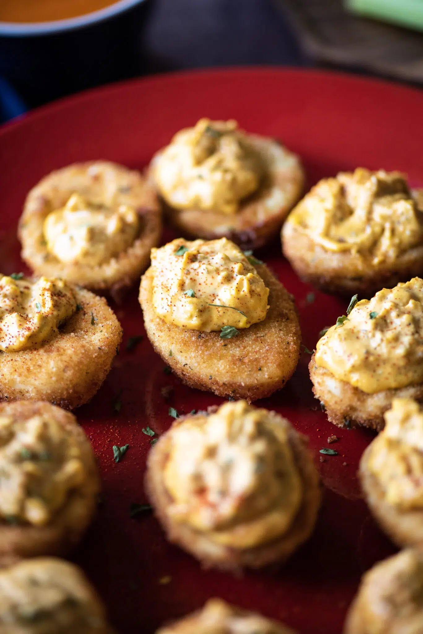 Focus shot of one buffalo fried deviled egg