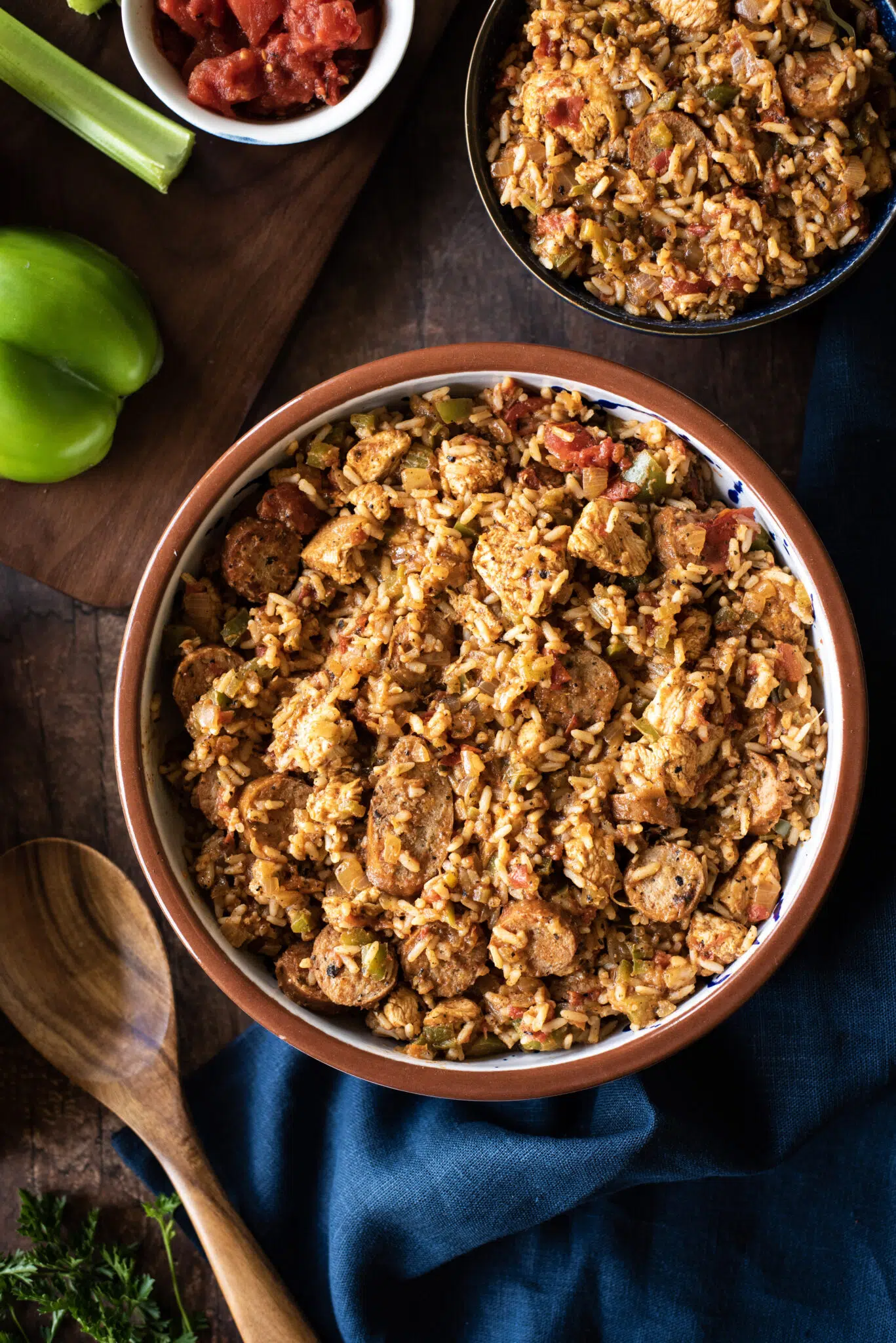 Large serving bowl and single serving bowl of jambalaya