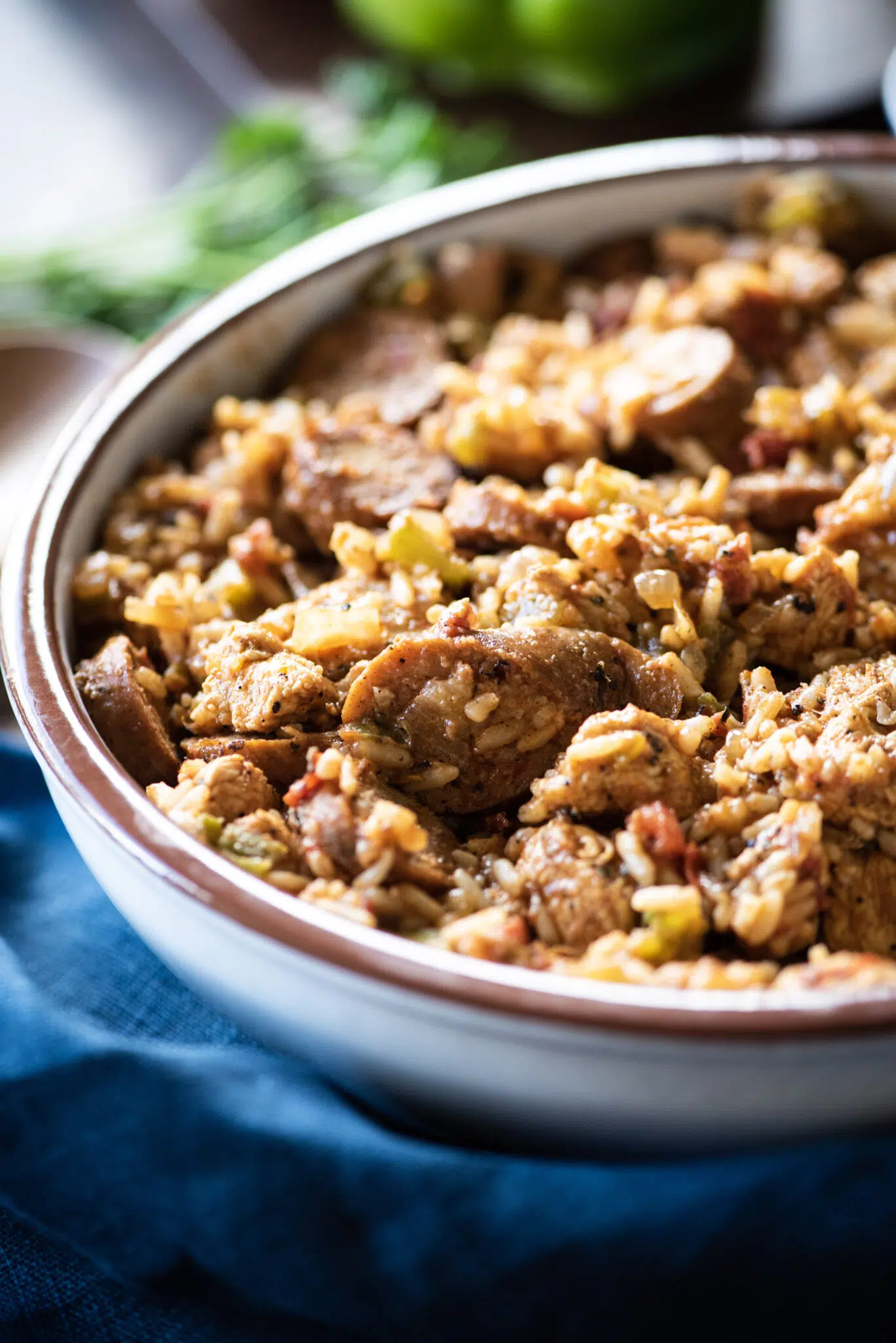 Close up of jambalaya in a large serving bowl