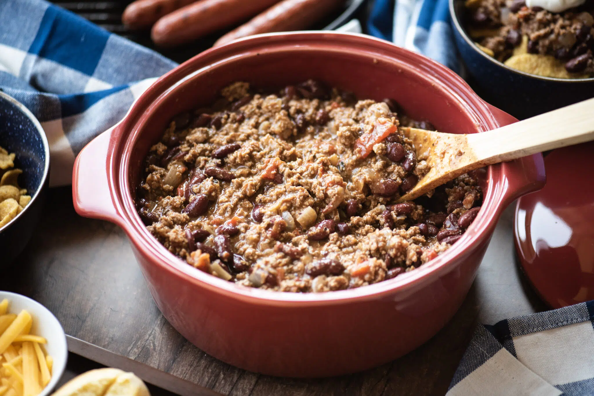 Cast iron dish filled with chili