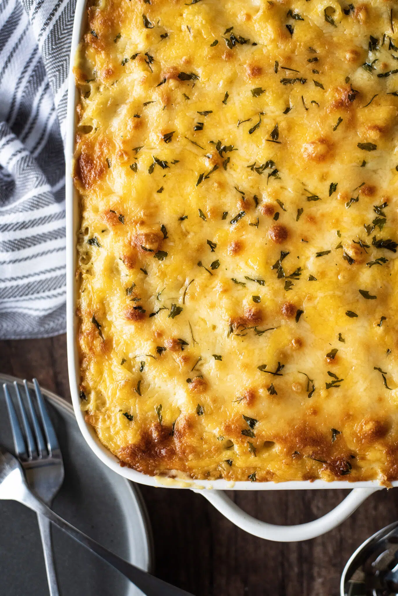 Overhead shot of mac and cheese straight from the oven