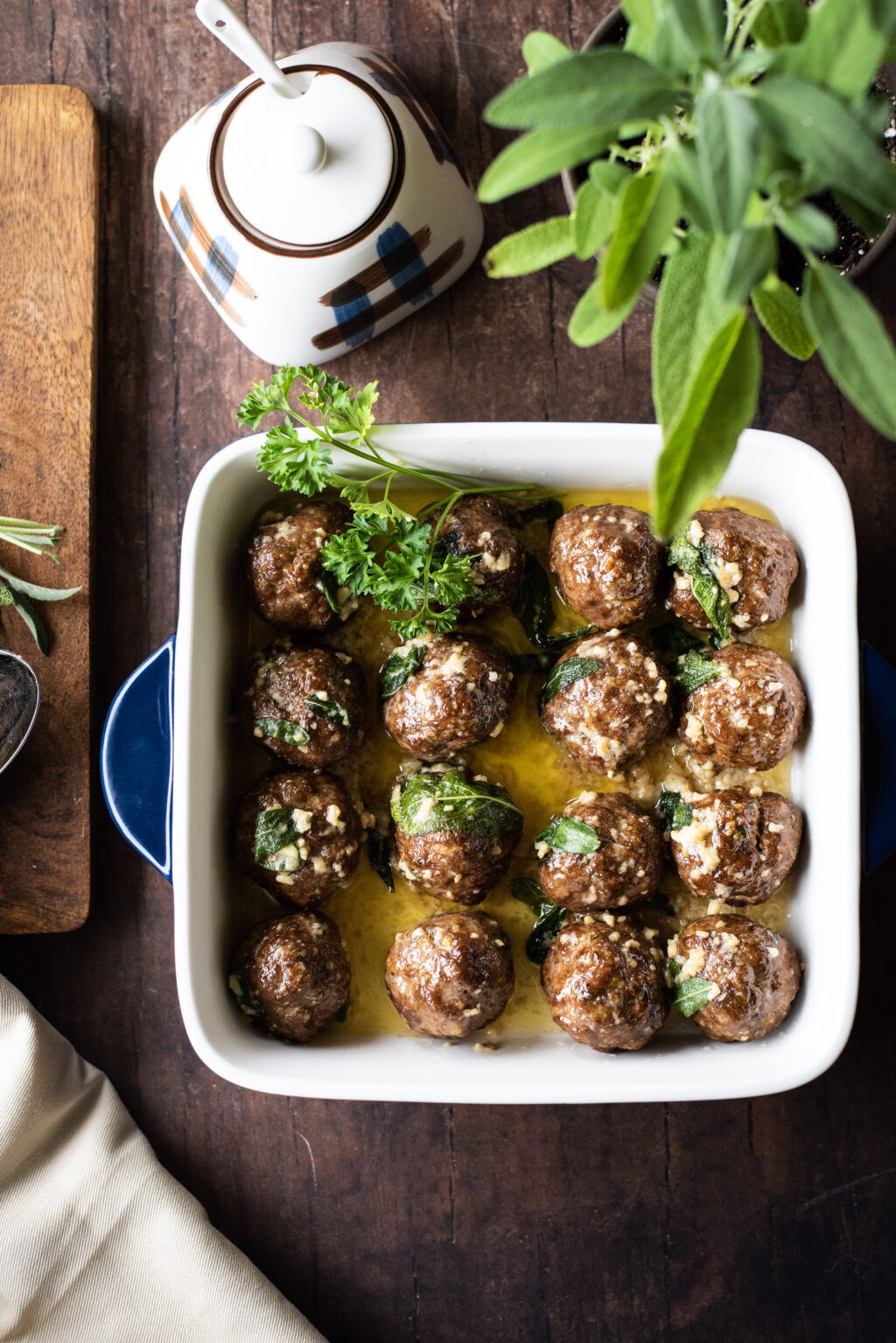 Meatballs in a sage brown butter sauce with fresh sage