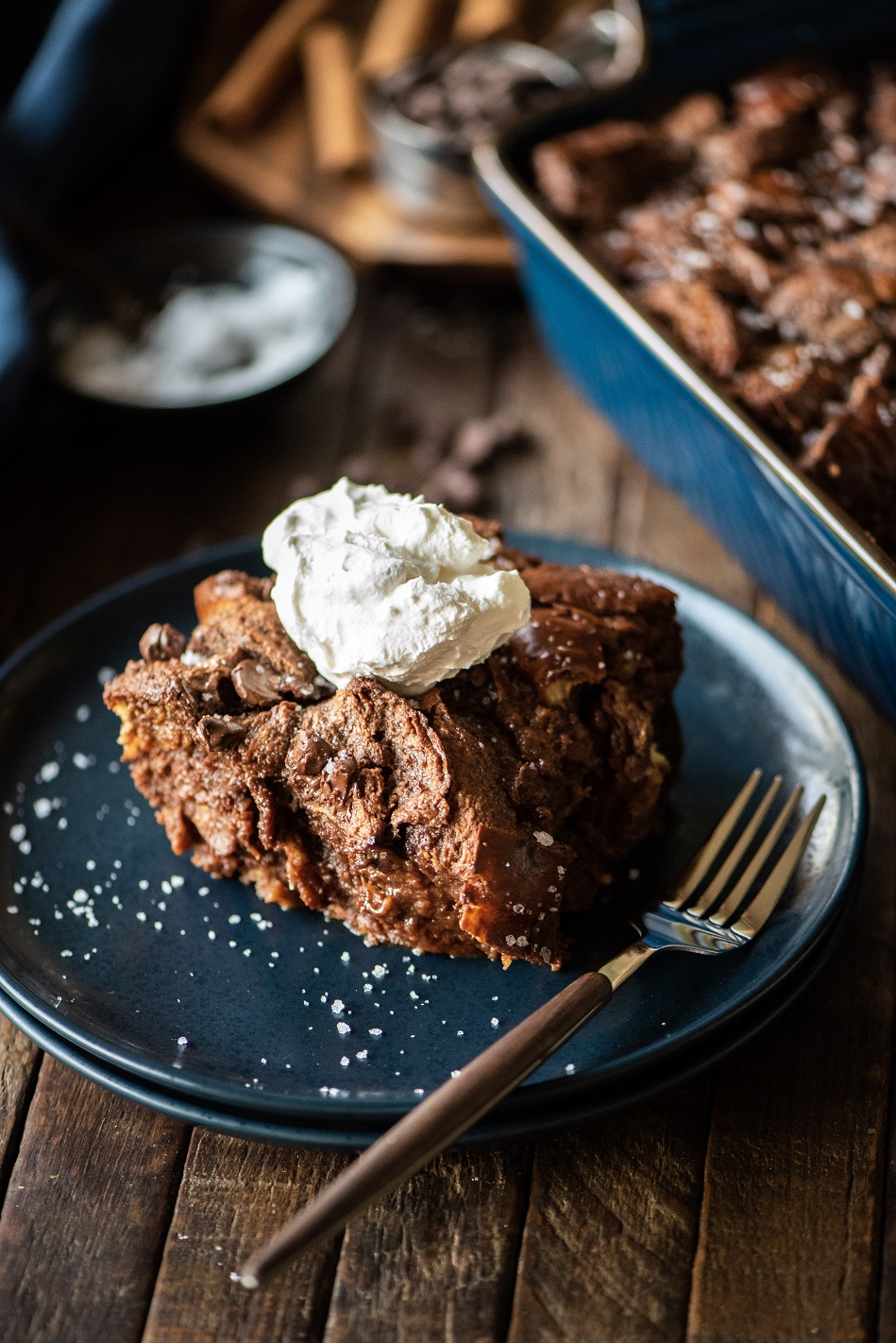 Single slice of chocolate bread pudding with fork