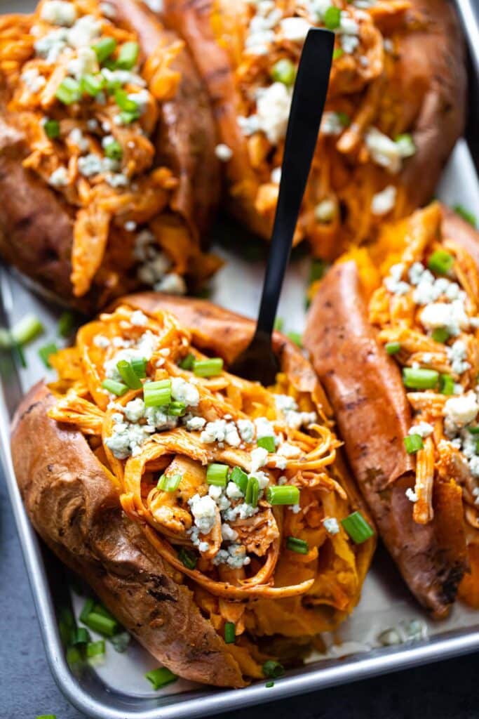 buffalo chicken stuffed sweet potatoes