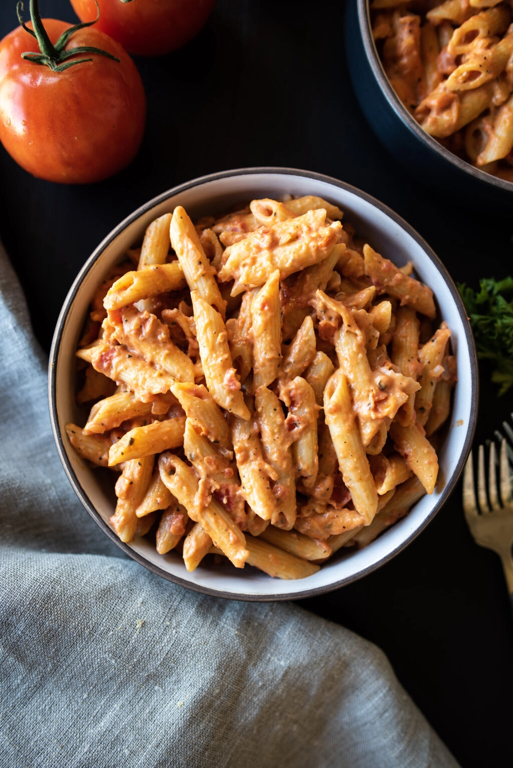 Overhead shot of Penne pasta with vodka sauce