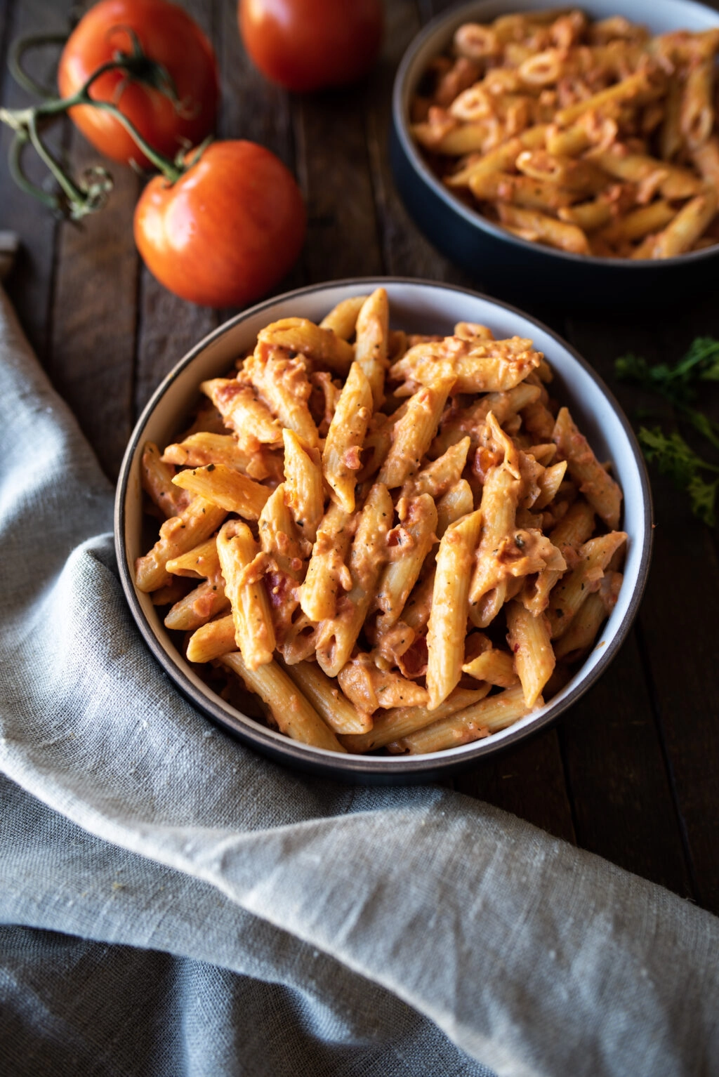 Overhead shot of Penne alla vodka