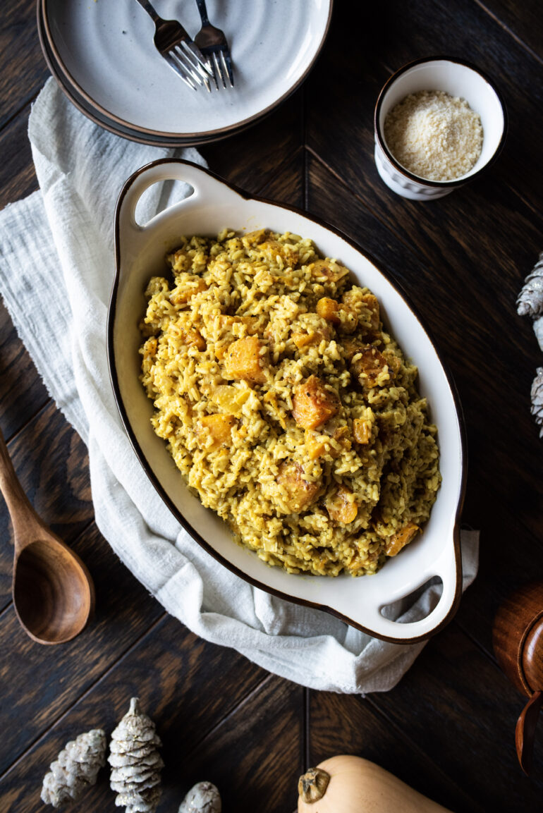 Overhead shot of butternut squash risotto in a casserole dish