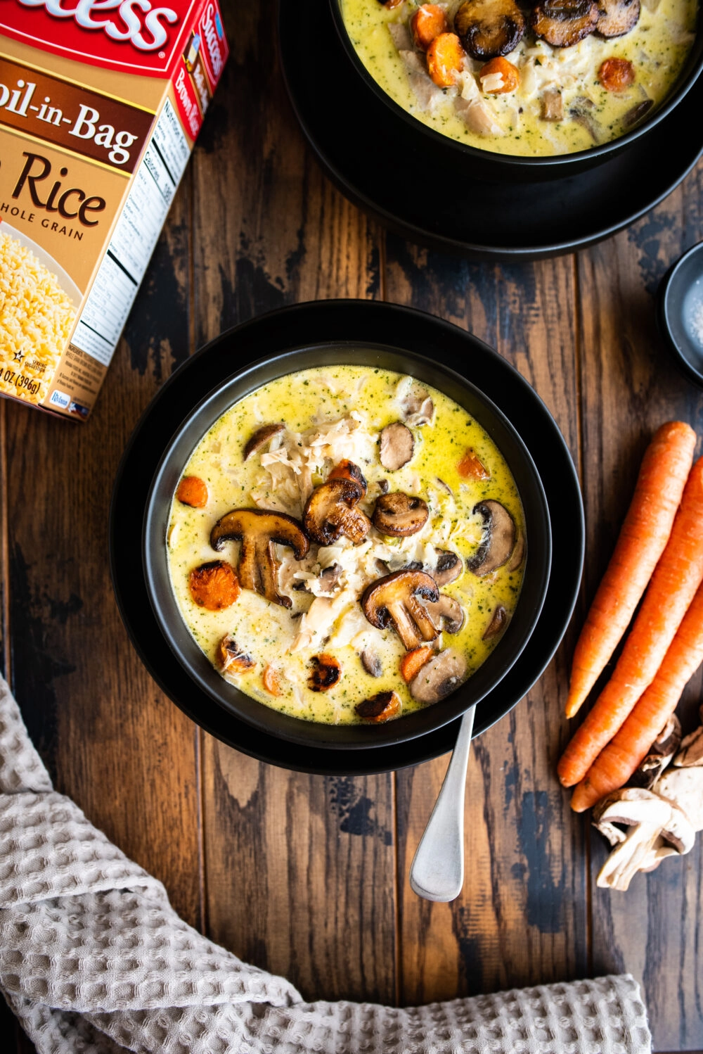 creamy chicken and rice soup with roasted veggies