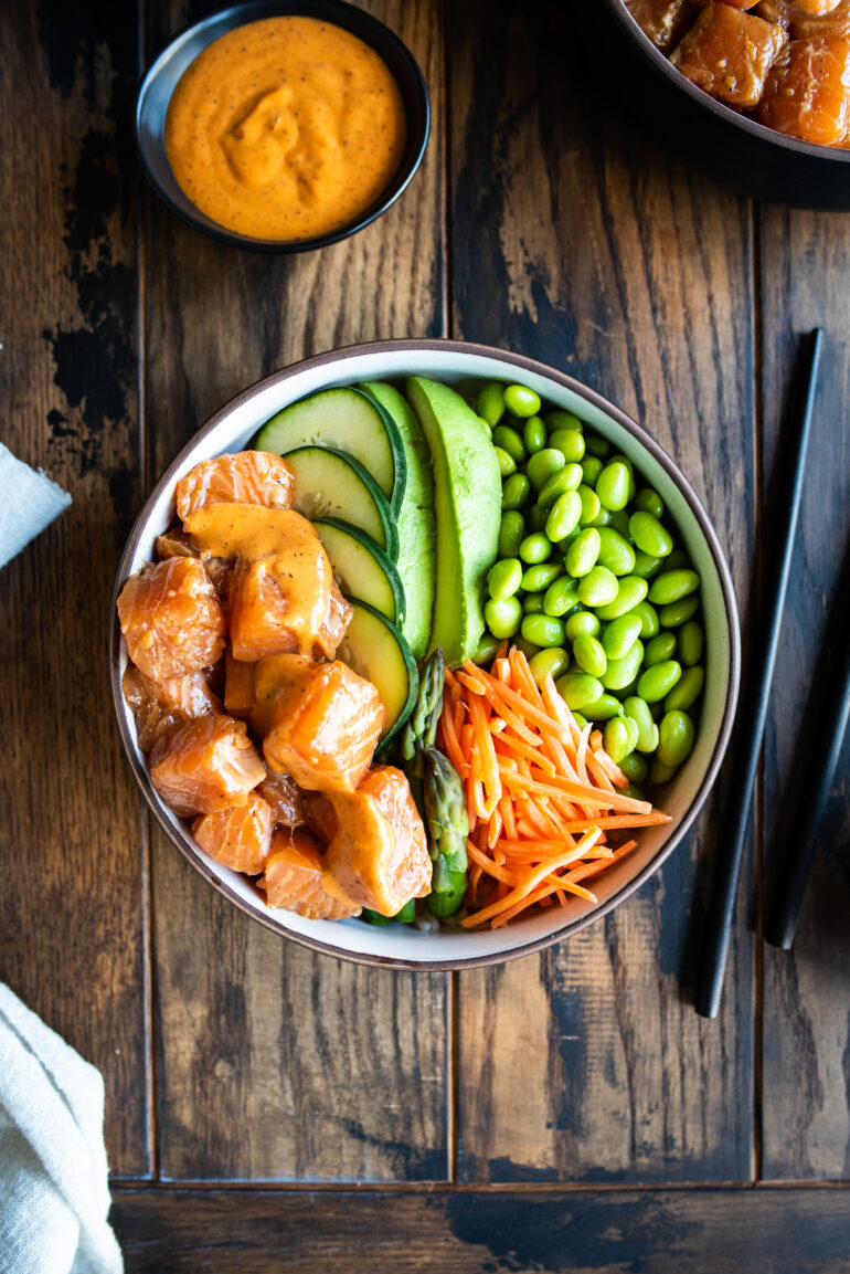 bowl of salmon poke with all the fixings
