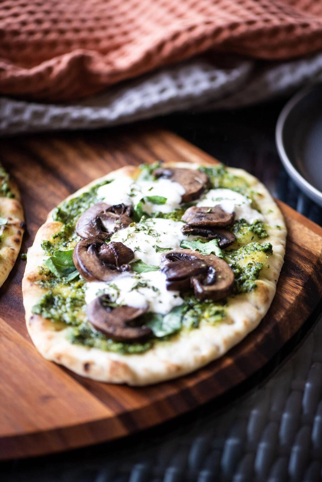 Up close shot of one flatbread pizza