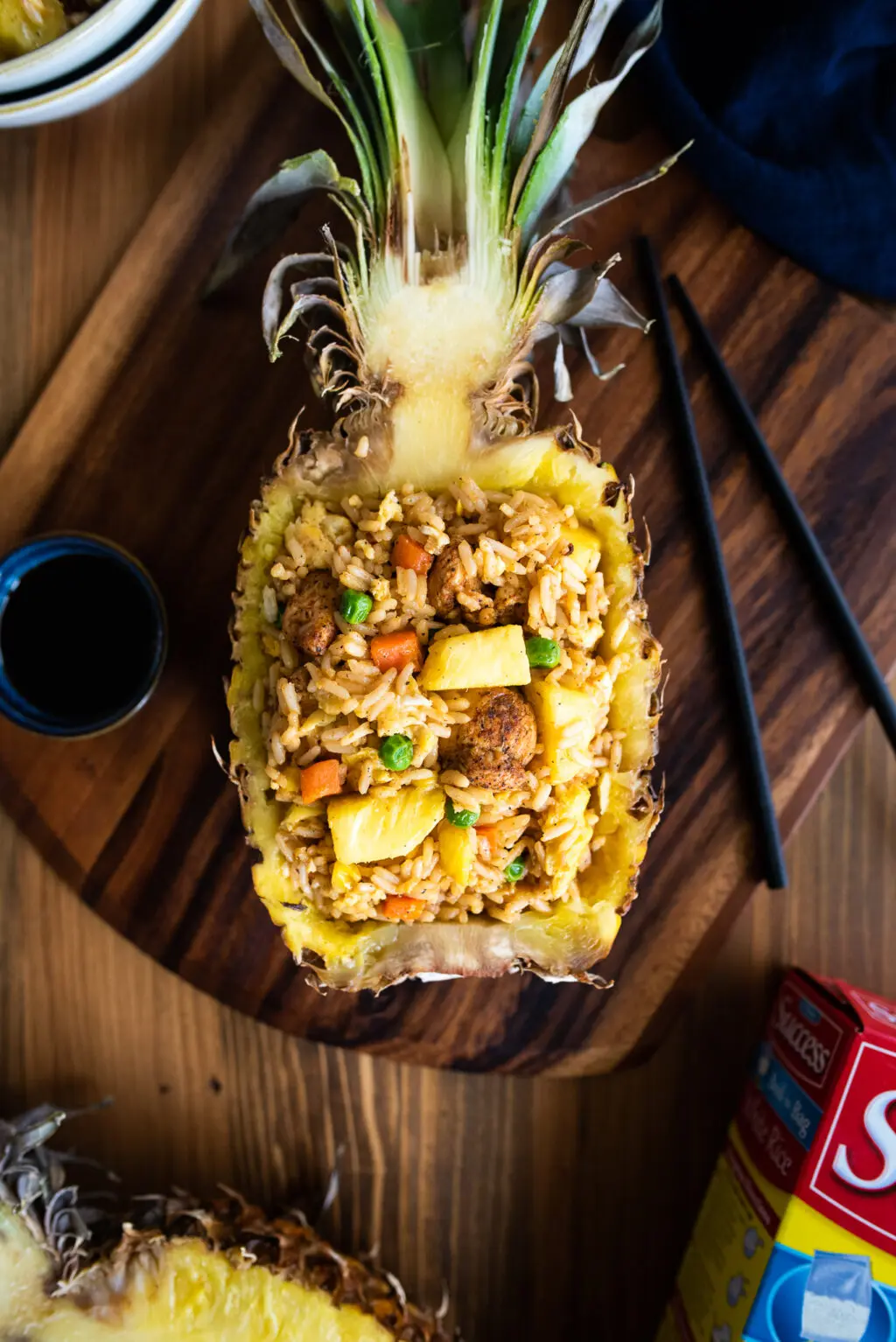 overhead shot of pineapple fried rice inside of a whole pineapple