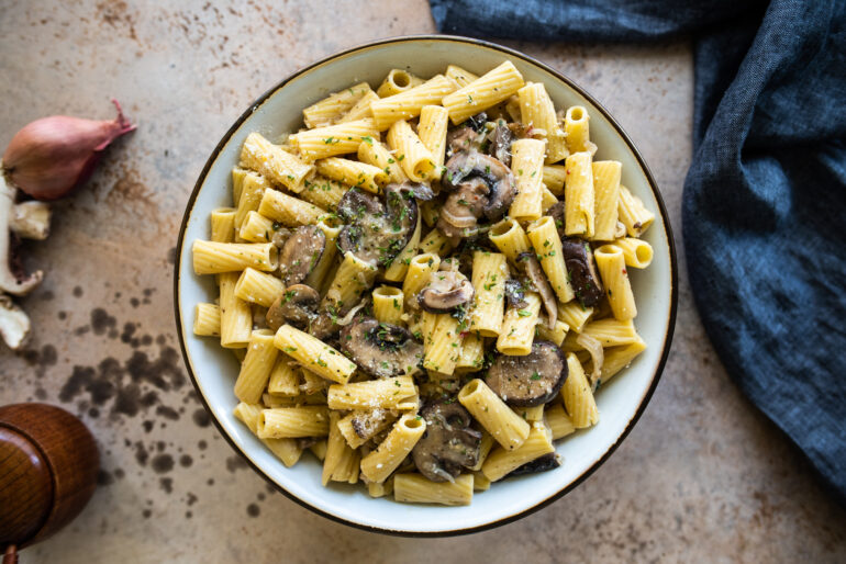 overhead shot of healthy mushroom rigatoni